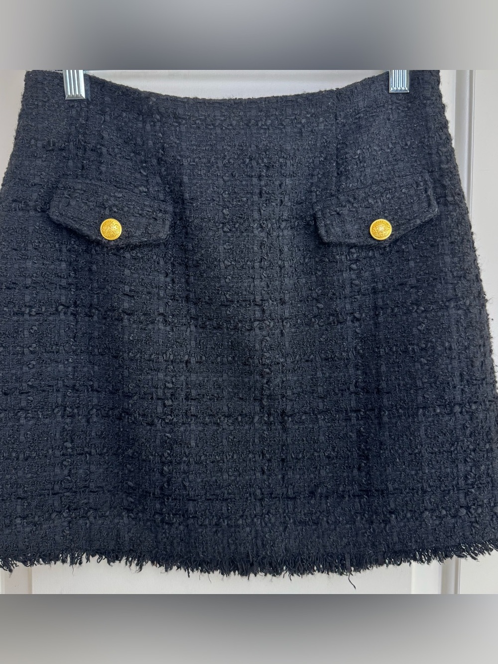 Express Black Tweed Fringe Mini Skirt Gold Button Pockets Size 4